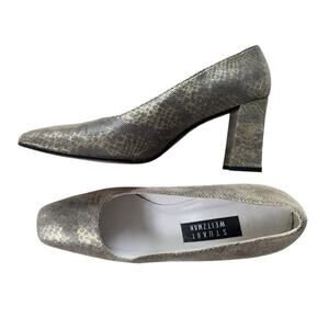 Stuart Weitzman Vintage 90s Champagne Gold Faux Snakeskin Pumps Chunky Heel Sz 9
